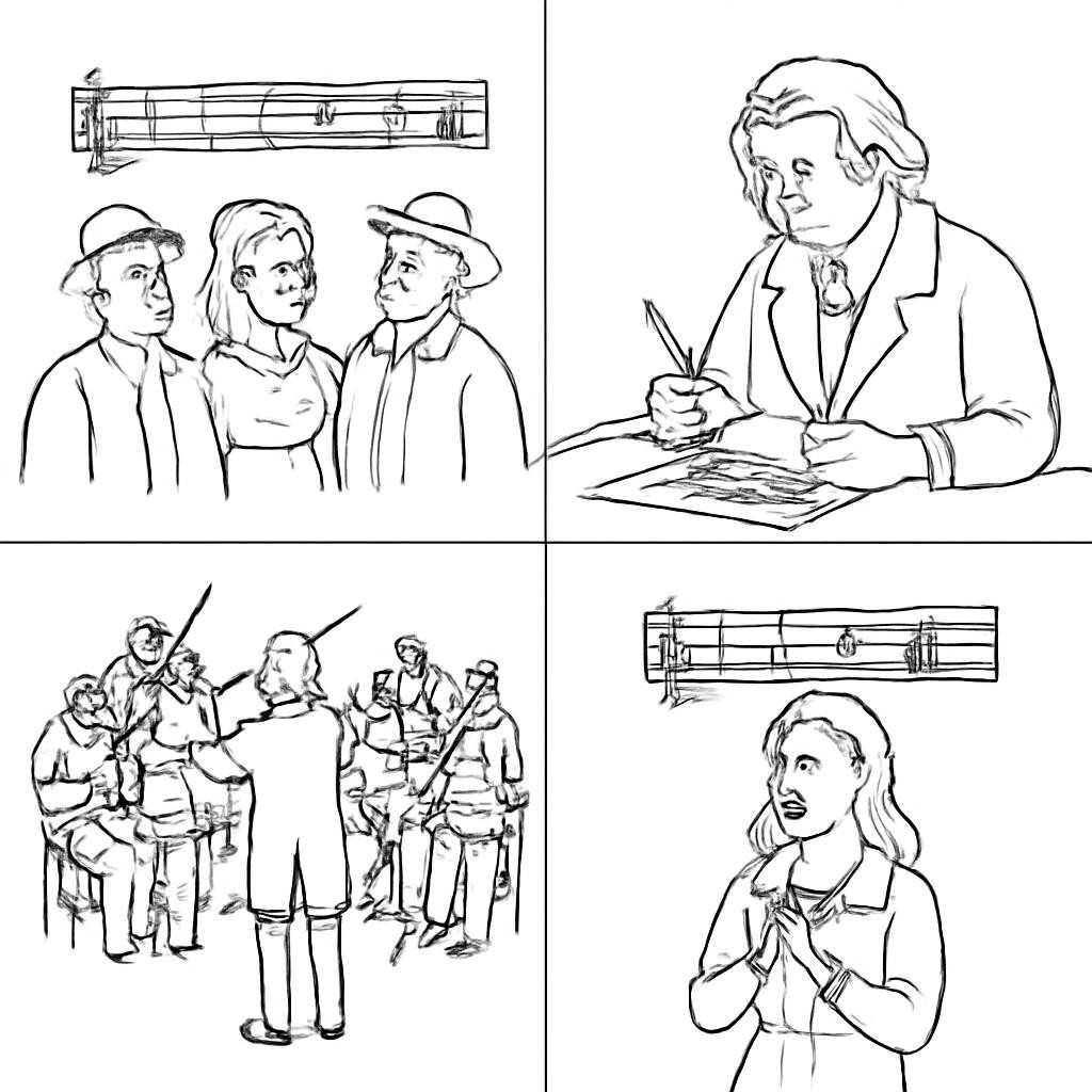 Чёрно-белая контурная сетка с четырьмя музыкальными сценами.