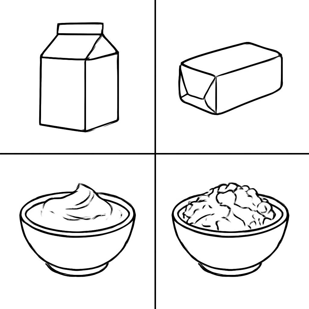 Четыре контурных изображения молочных продуктов