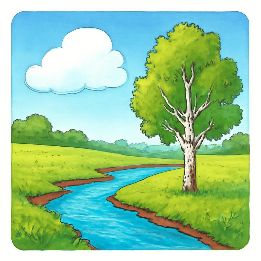 Цветной реалистичный пейзаж с рекой, облаком и берёзой.