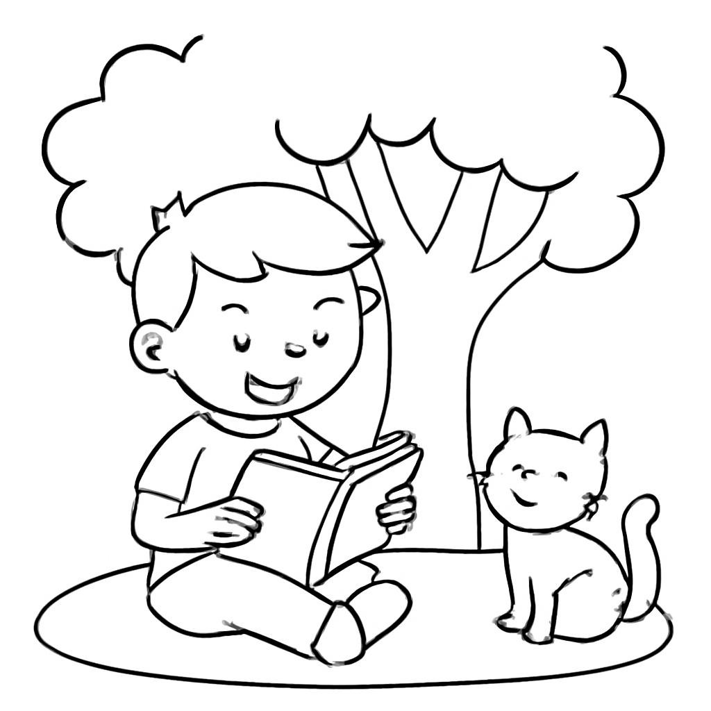 Детская чёрно-белая сцена: мальчик читает книгу у дерева, рядом сидит кот.