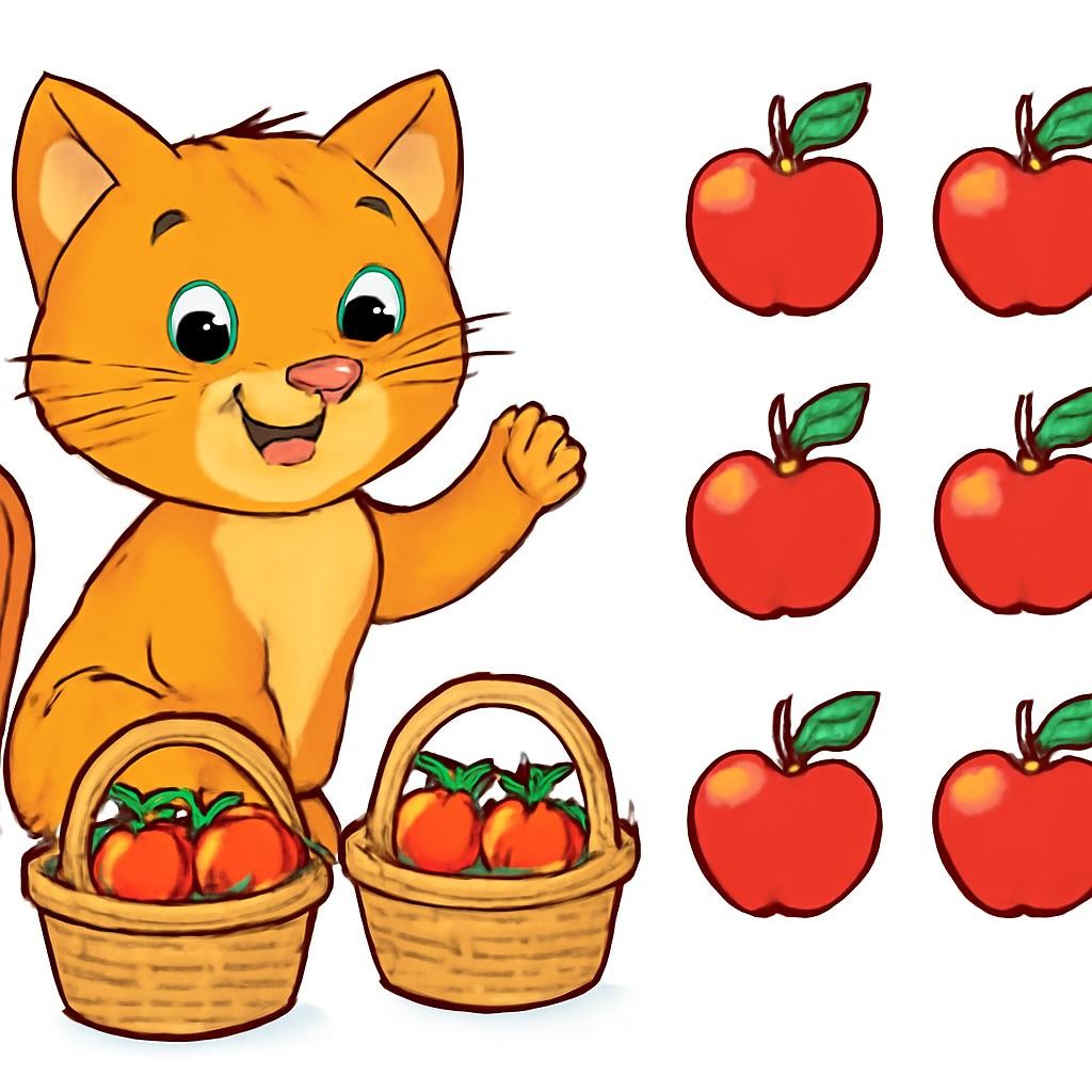 Котёнок Мурзик считает яблоки в корзинках.