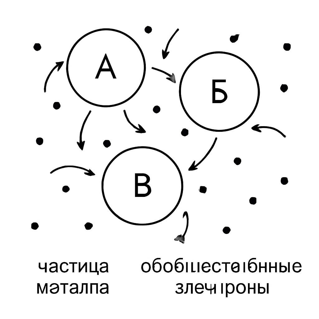Чёрно-белая схема металлической кристаллической решётки с подвижными электронами