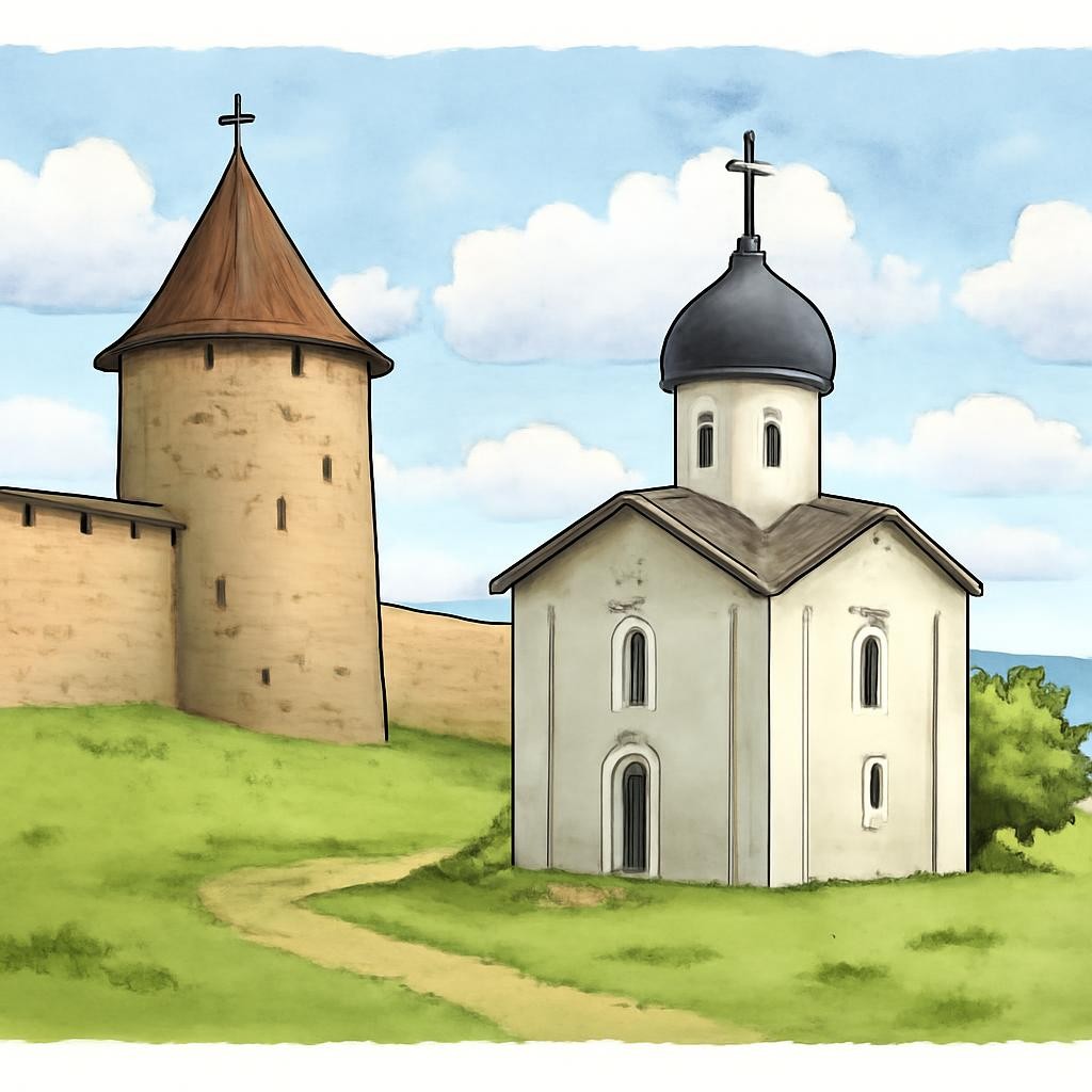 Средневековый псковский храм и крепостная стена