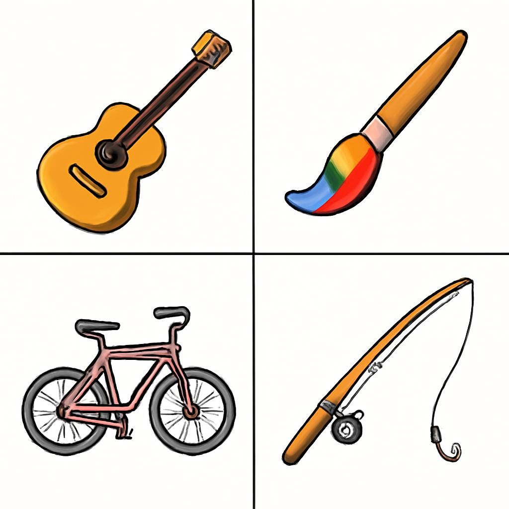 Four objects used in different hobbies