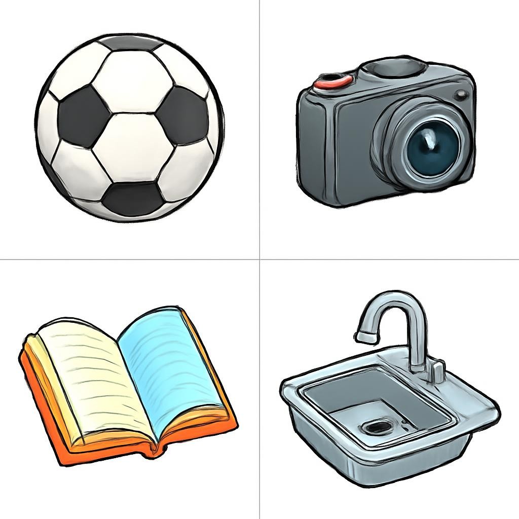 Four objects connected with leisure activities, with one object unrelated to leisure