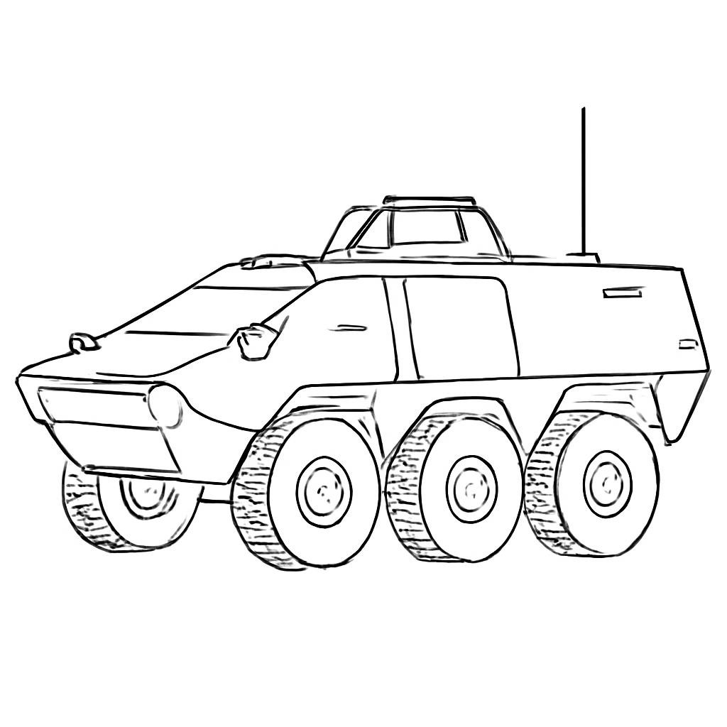 Контурный рисунок многоцелевой бронированной машины с колёсным ходом