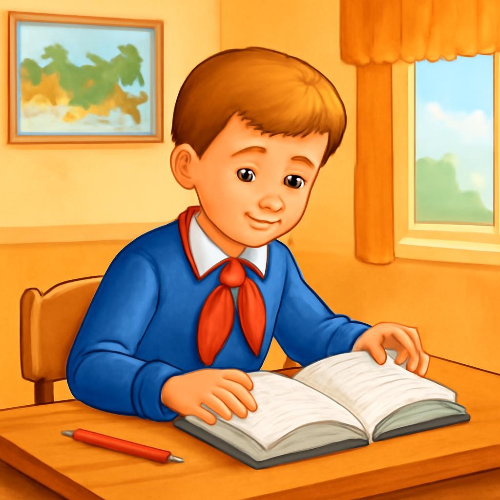 Ученик начинает читать книгу за столом.