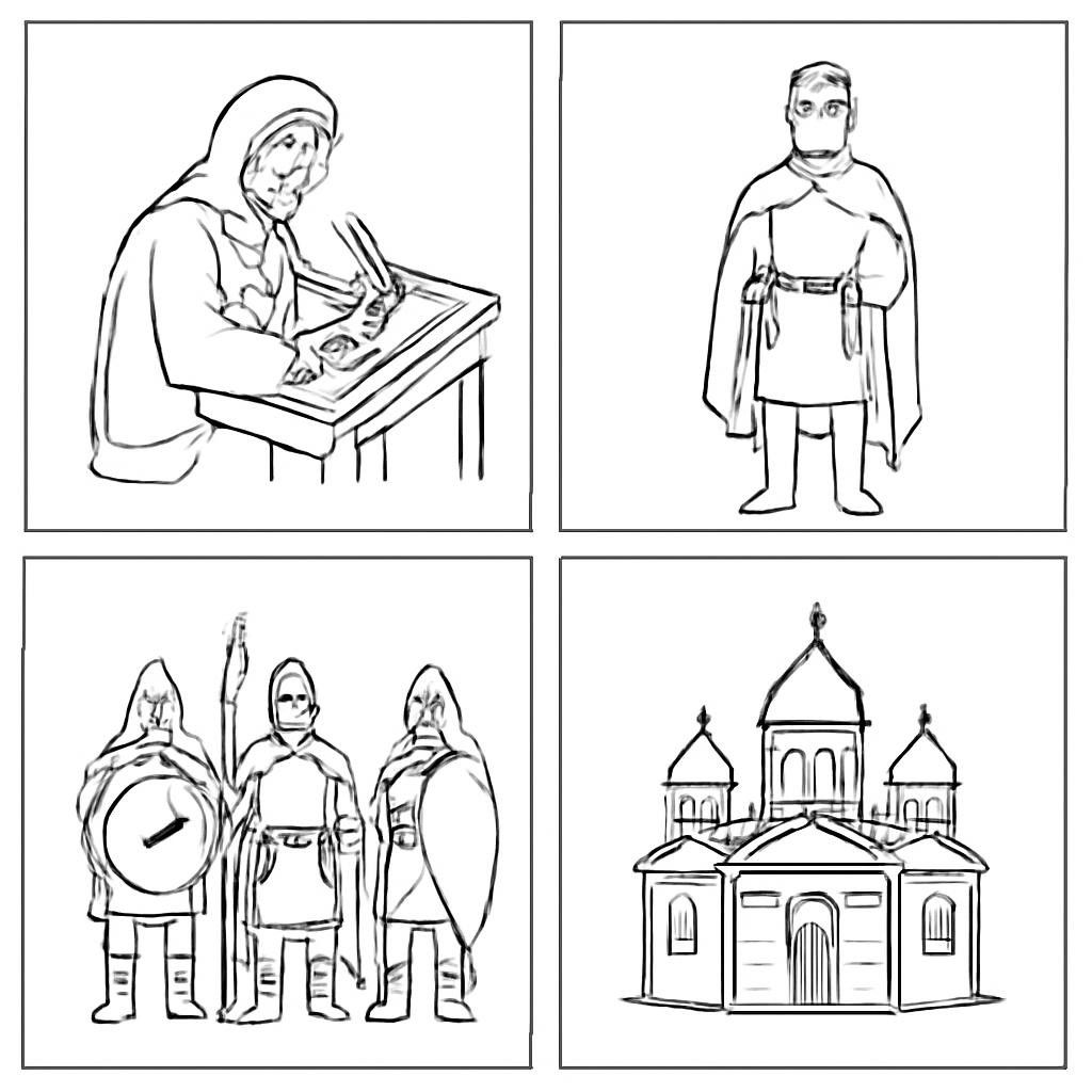 Контурная сетка из четырёх изображений, связанных с Древней Русью.
