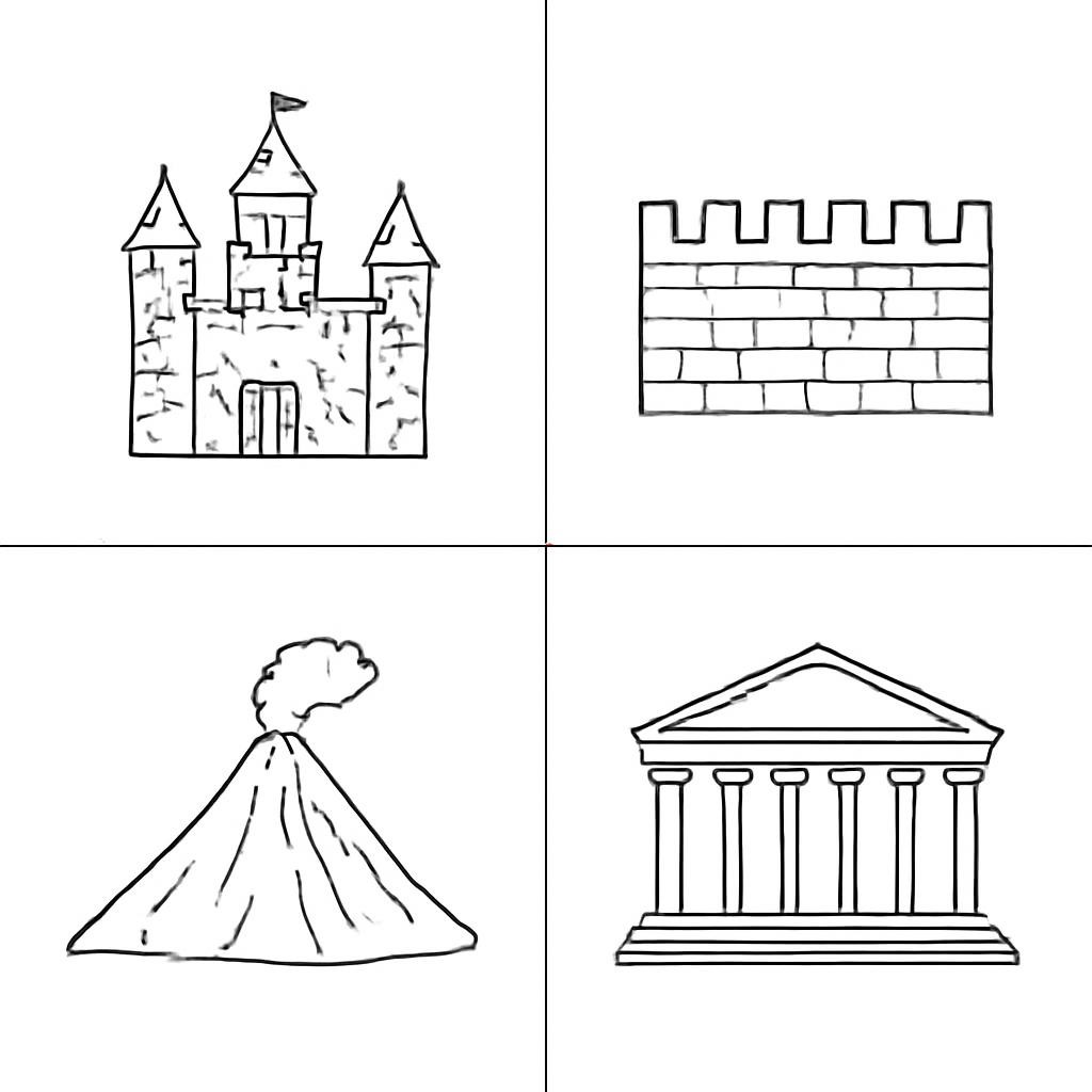 A four-part black-and-white outline grid with four different landmarks.