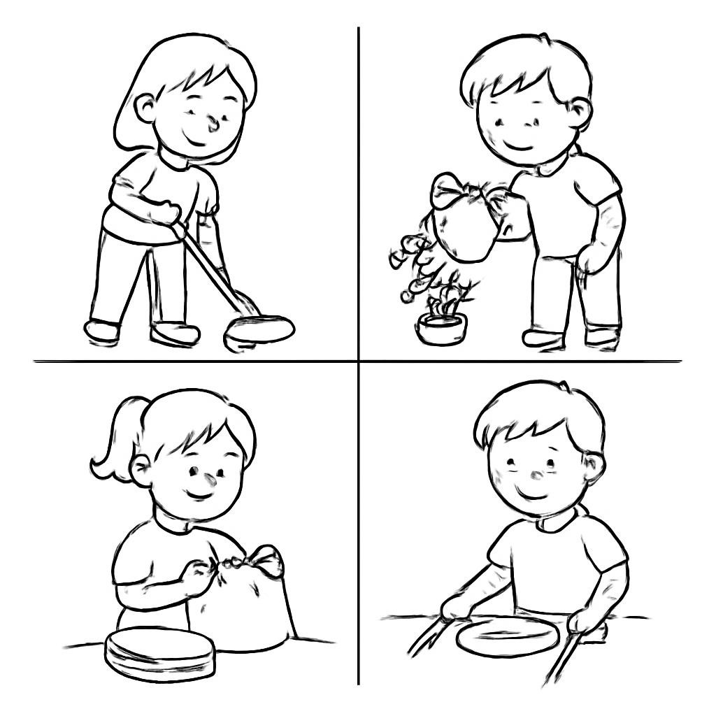 Four simple pictures of children doing household chores