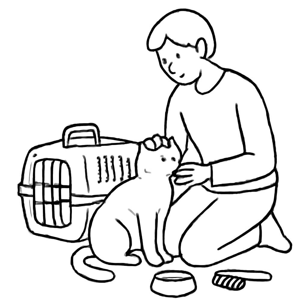 Контурная иллюстрация человека, который ухаживает за домашней кошкой: рядом находятся переноска, миска и щётка; подписей нет.