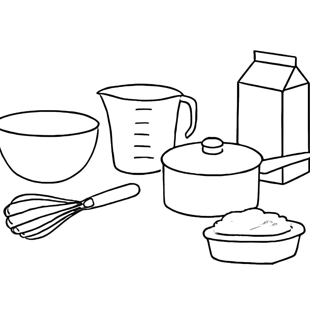 Кухонный стол с молочными продуктами и инвентарём