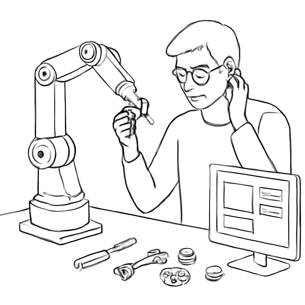 Контурная иллюстрация специалиста, работающего с промышленным роботом.