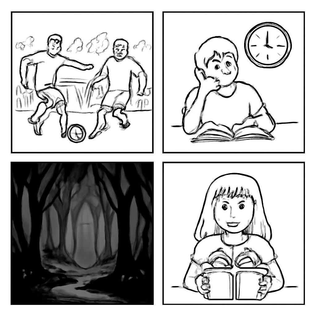 A four-panel grid showing situations and people with different emotions.