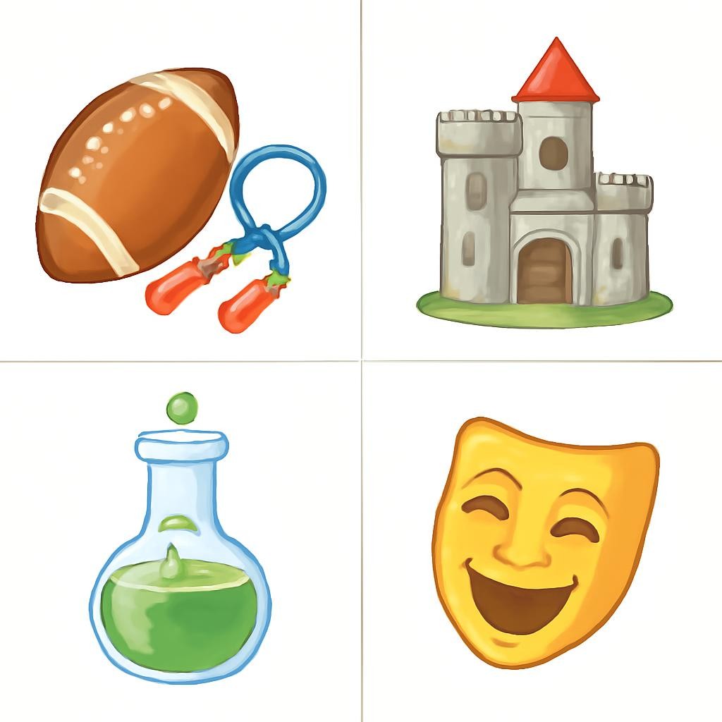 A 2 by 2 grid of four friendly school subject objects