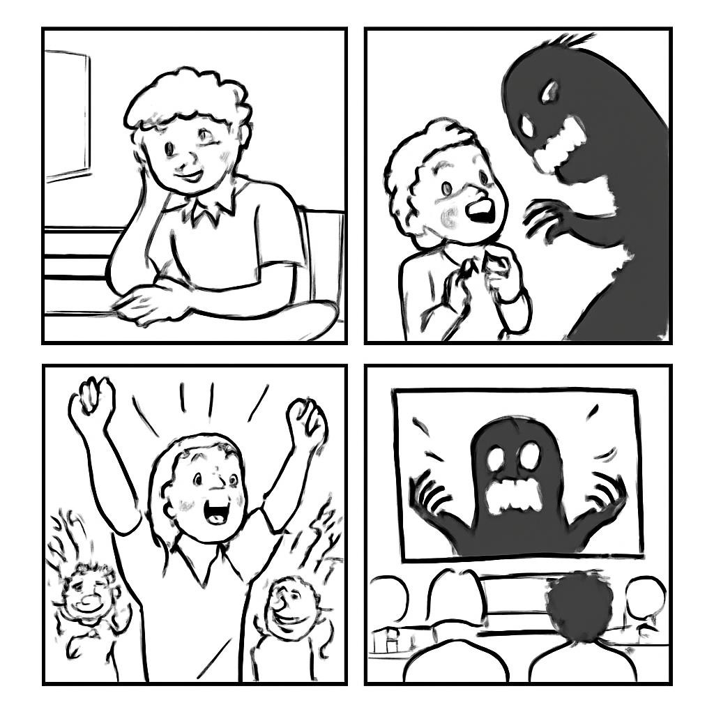 Four scenes showing people feeling emotions and one thing causing an emotion.