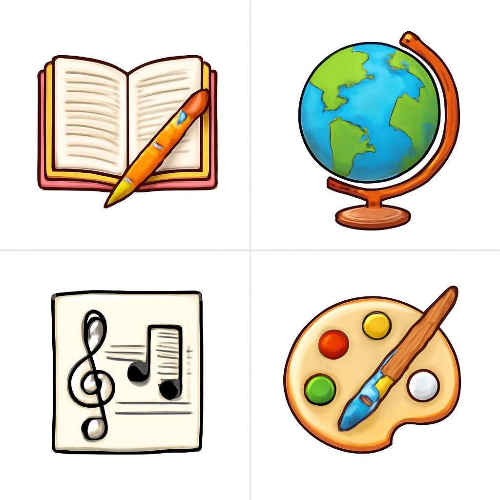 A 2 by 2 grid of four friendly school subject objects