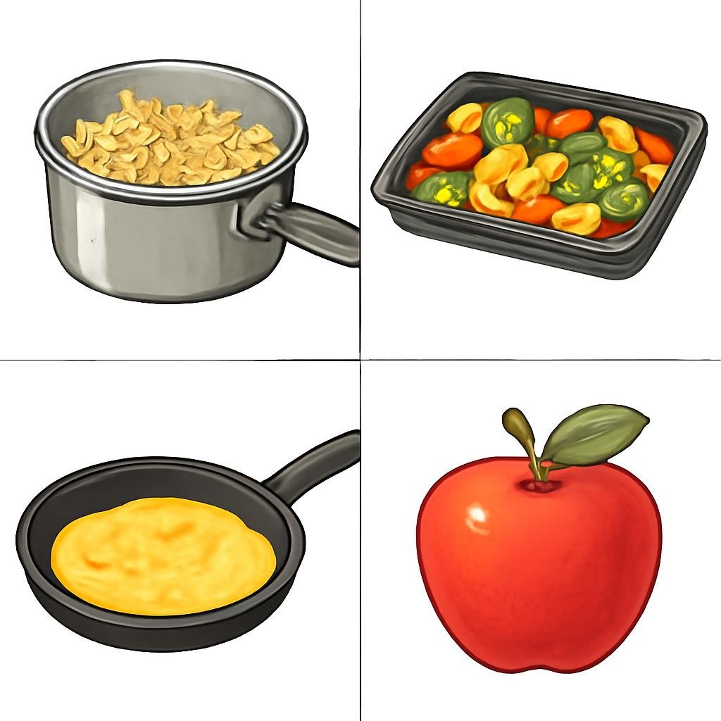 Four cooking-related objects in a two-by-two grid