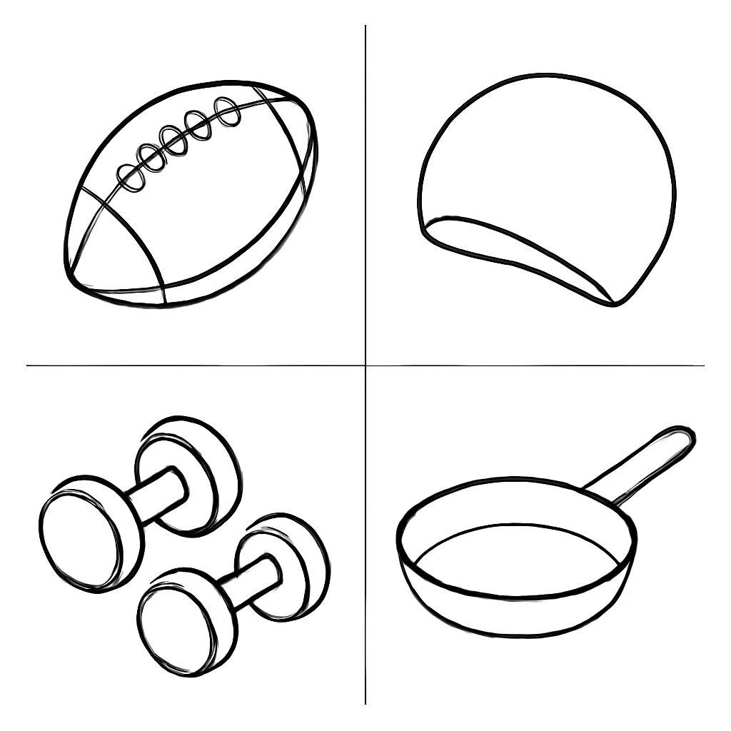 A 2 by 2 grid of sports equipment and one household object