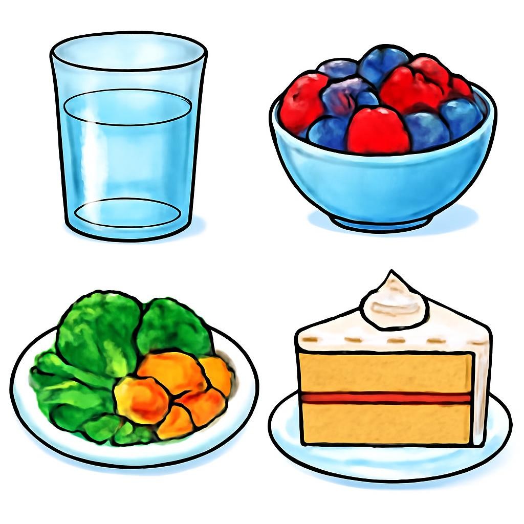 Four food and drink items in a two-by-two grid