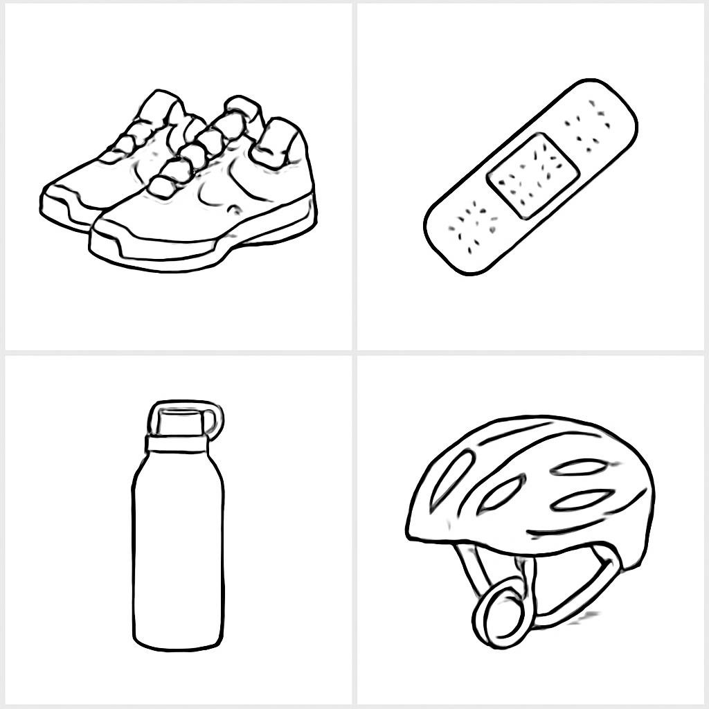 A 2 by 2 grid of sports and medical objects