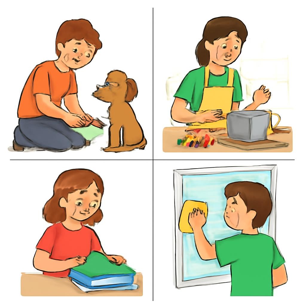 A four-part picture grid showing family members doing household chores