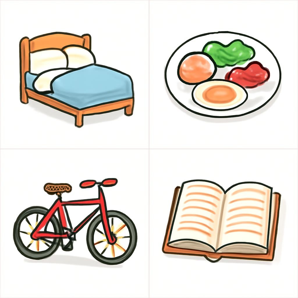 Four daily routine objects in a 2×2 grid.