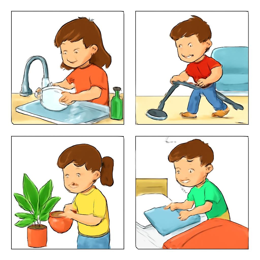 A four-part picture grid showing household chores