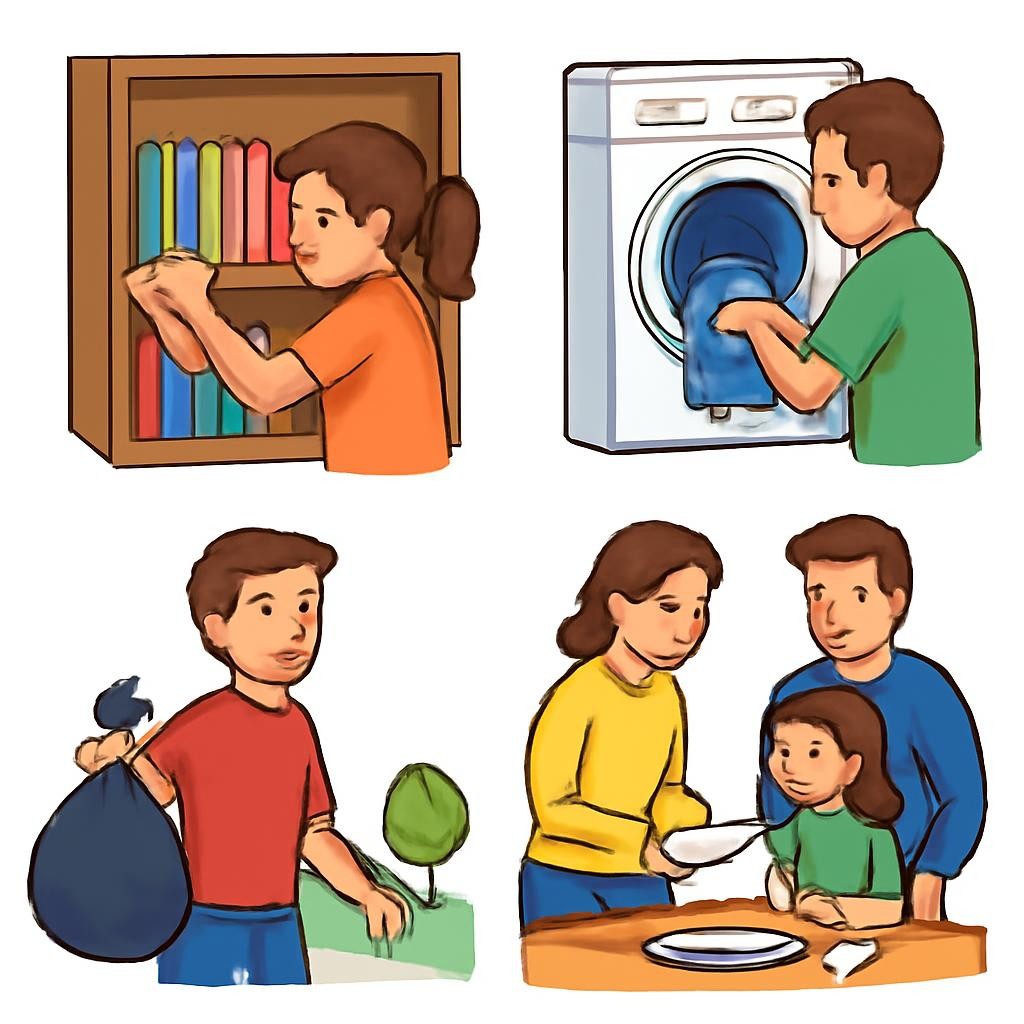 A four-part picture grid showing household tasks