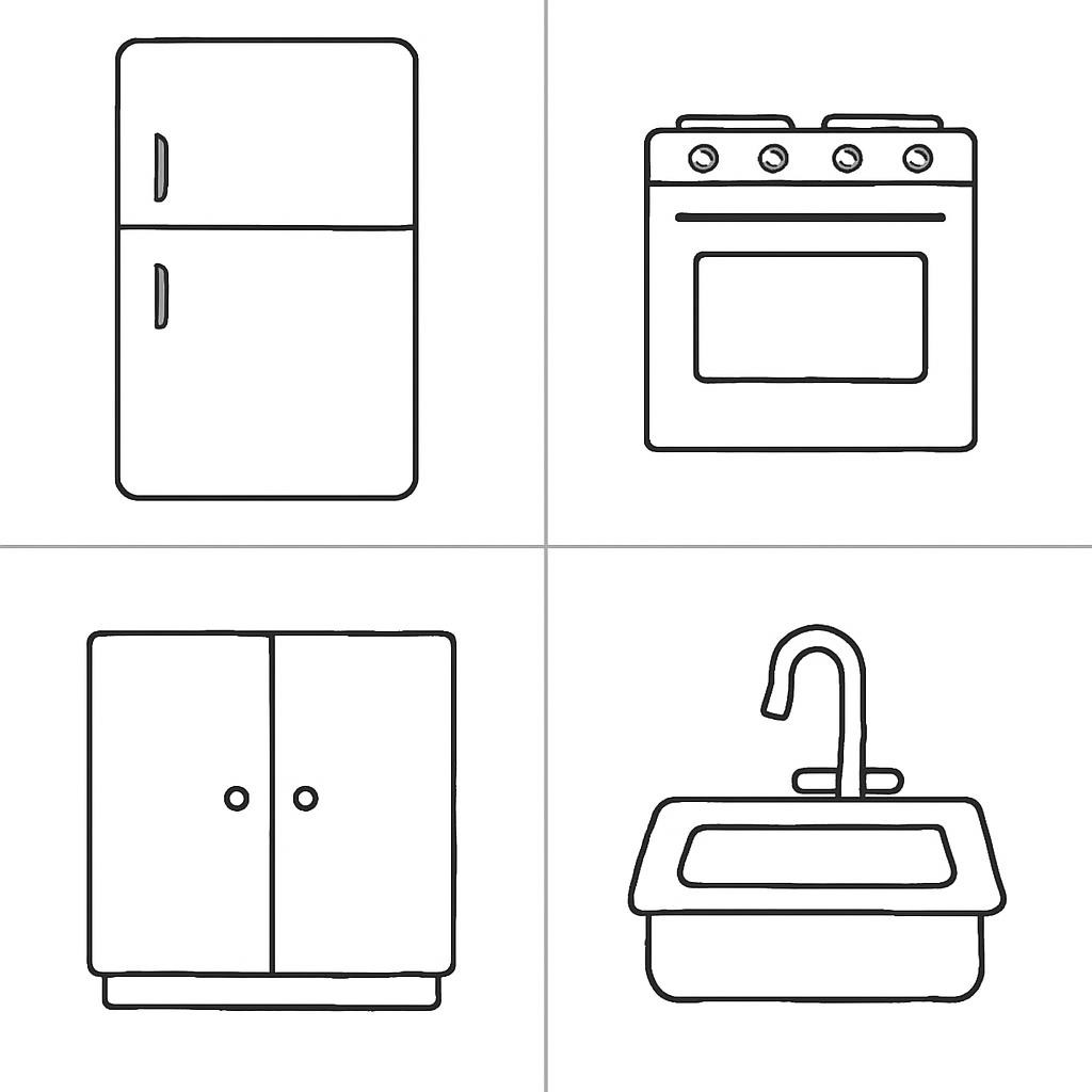 A black-and-white line-art grid with four separate kitchen objects, no text