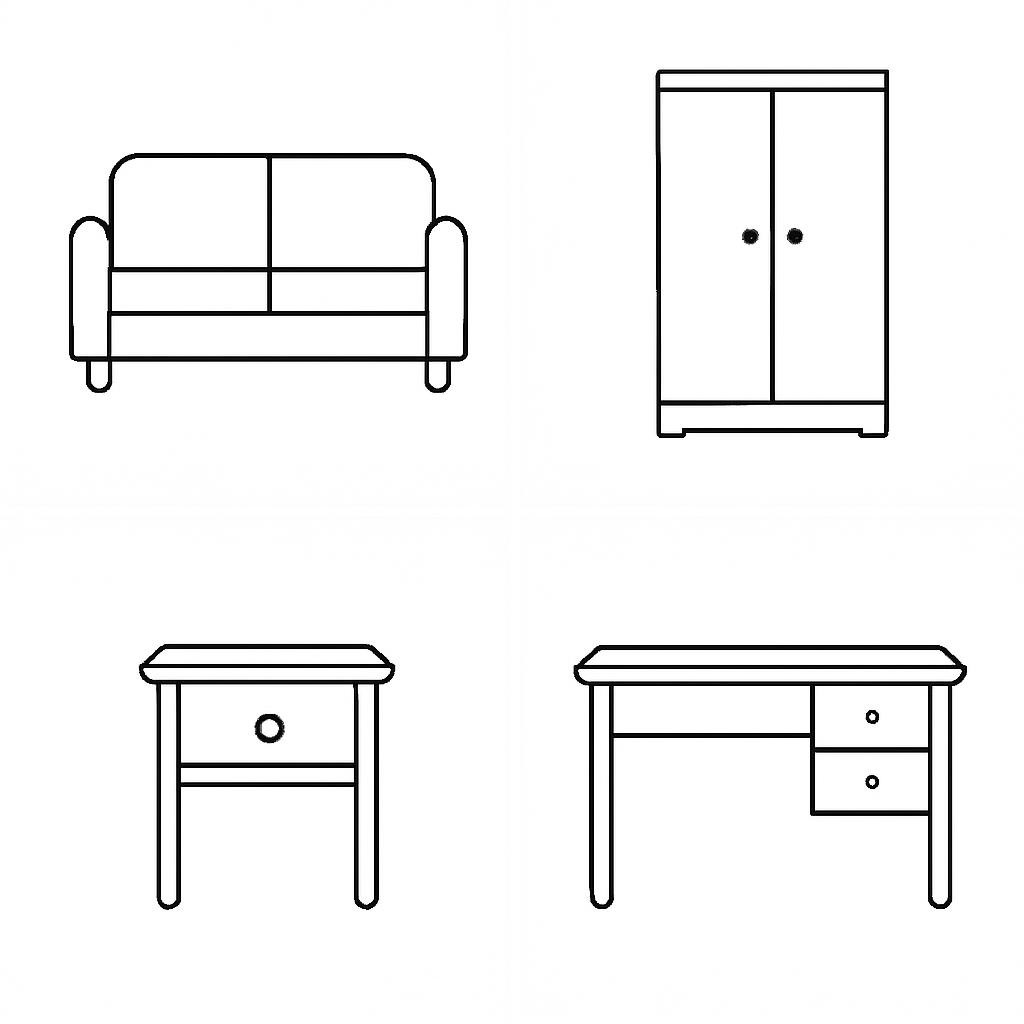 A black-and-white line-art grid with four separate room furniture objects, no text