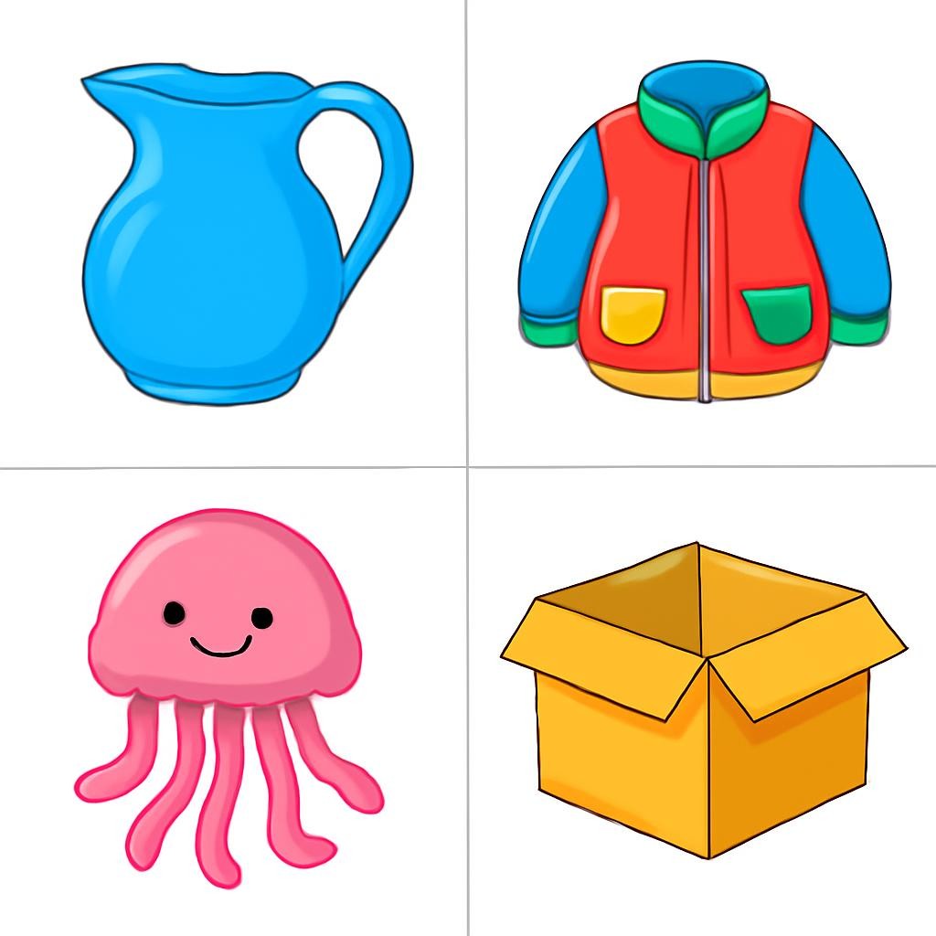 Four colourful objects in a friendly 2 by 2 grid