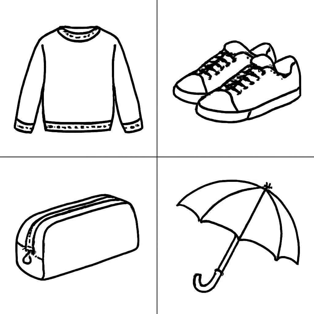 Four clothing and school shop objects