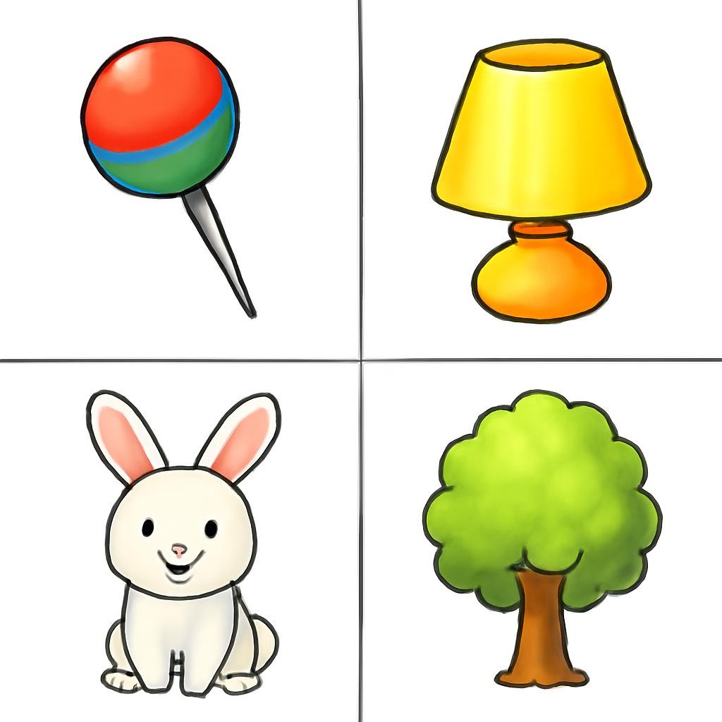 Four colourful objects in a friendly 2 by 2 grid