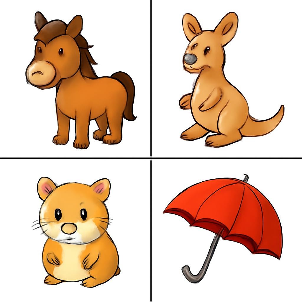 Four colourful objects in a friendly 2 by 2 grid