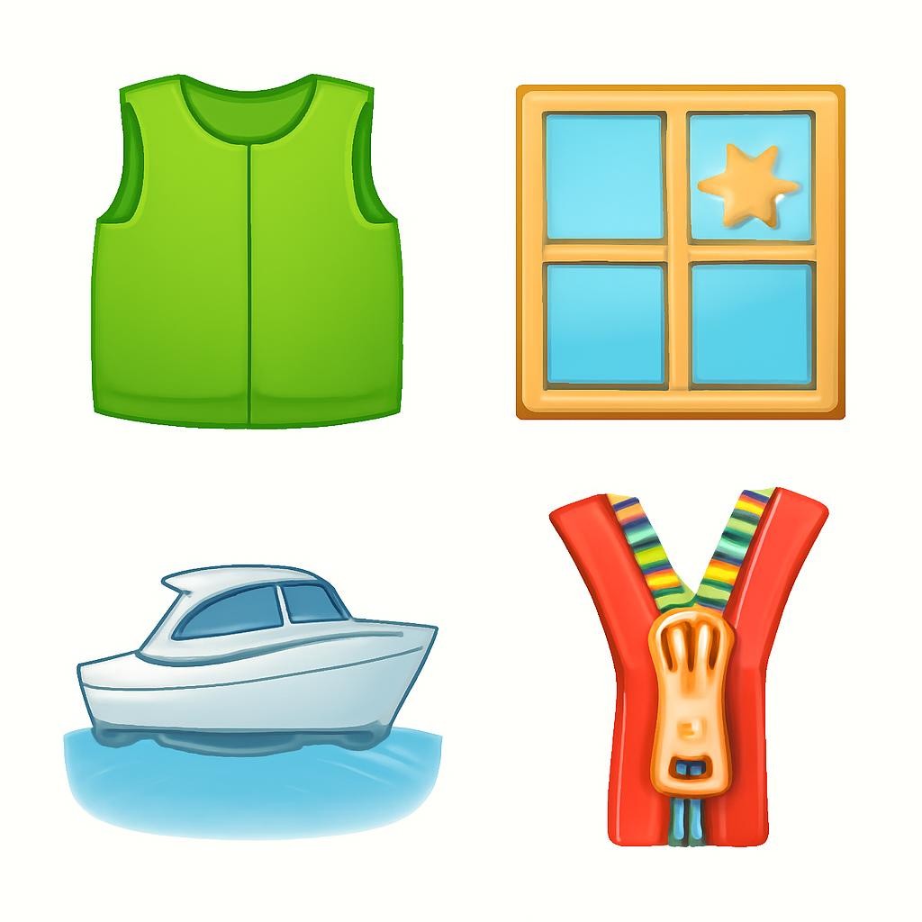Four colourful objects in a friendly 2 by 2 grid