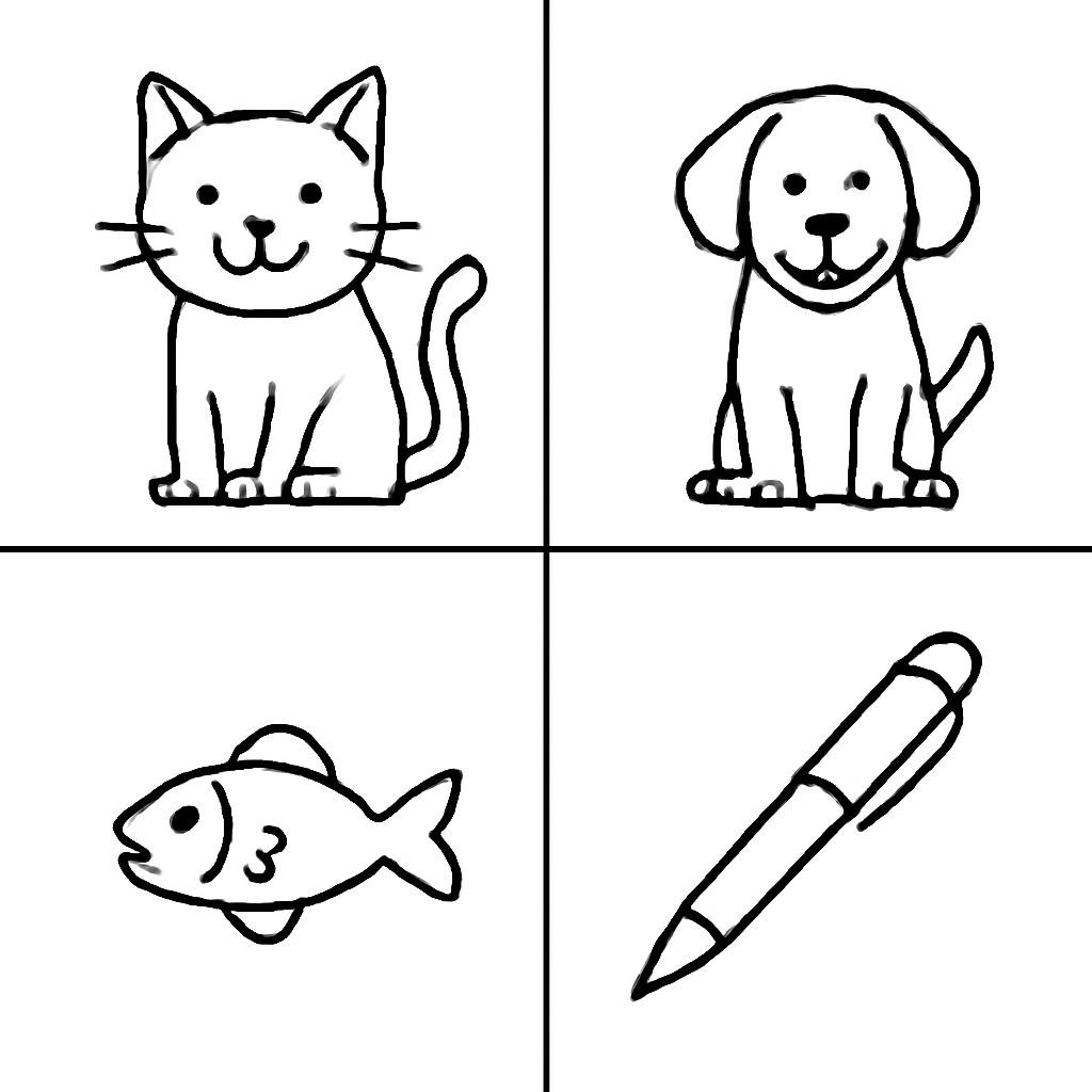 Четыре простые детские картинки: кошка, собака, рыба и ручка.