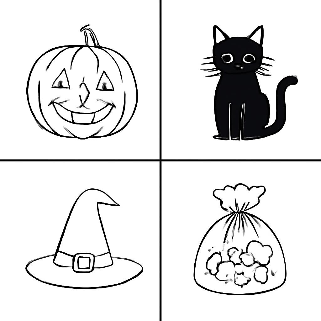 Four Halloween objects arranged in a two-by-two grid.