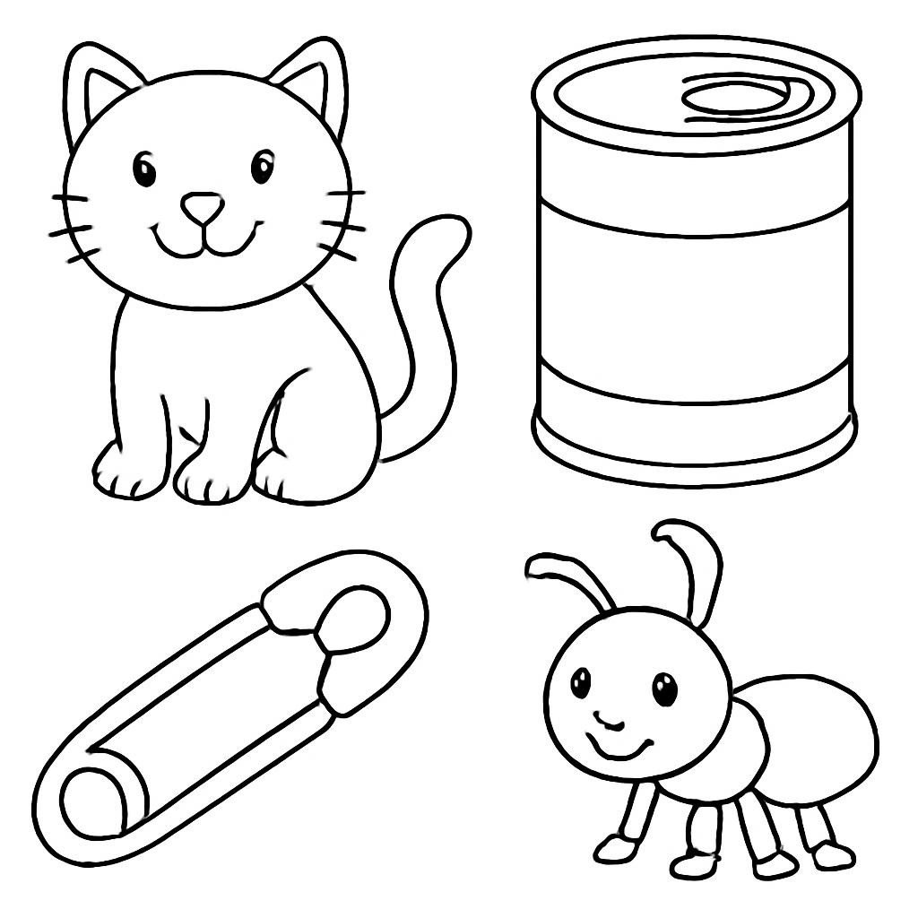 Контурная детская картинка с четырьмя предметами: котом, банкой, булавкой и муравьём.