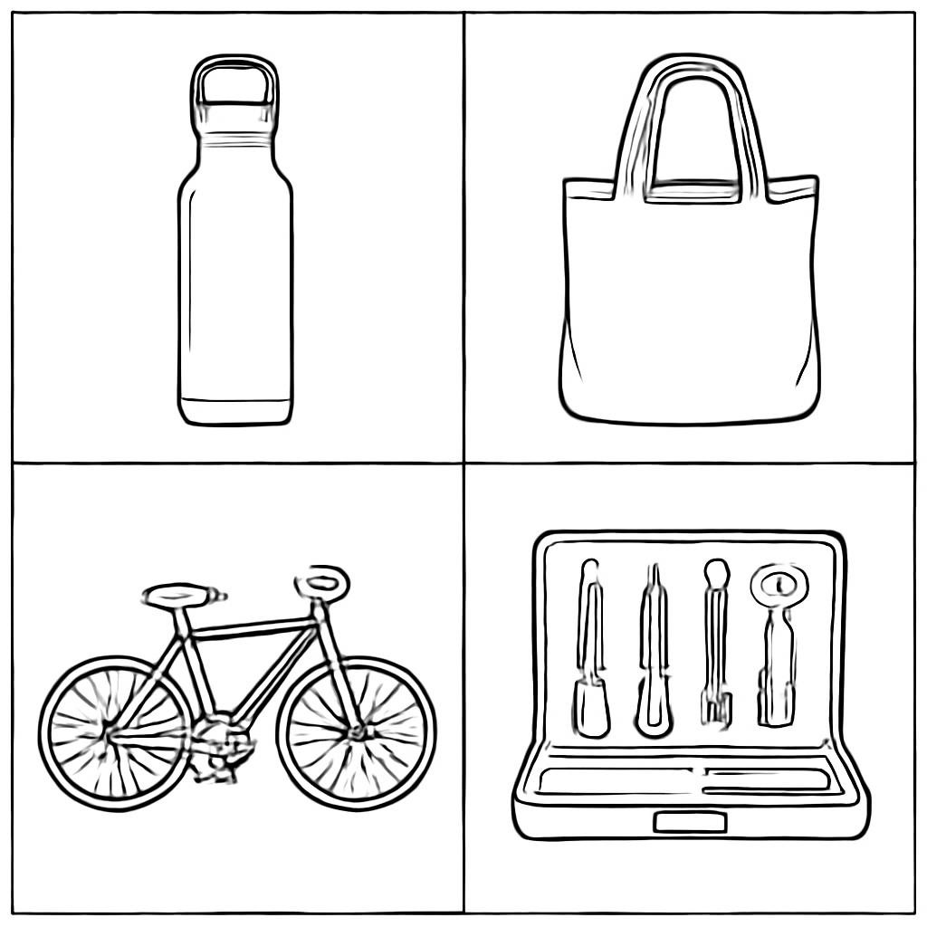 Four objects connected with sustainable shopping