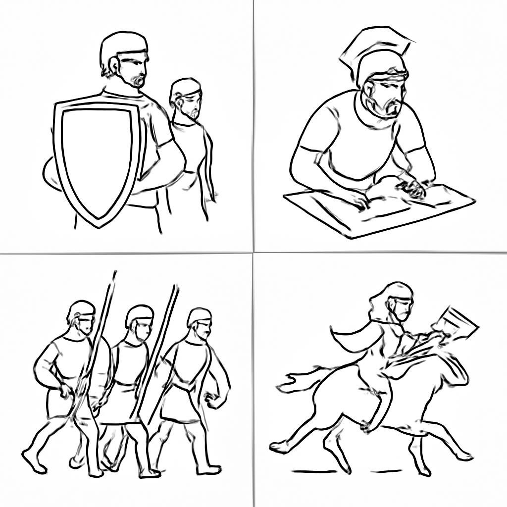 Чёрно-белая контурная сетка из четырёх исторических сцен