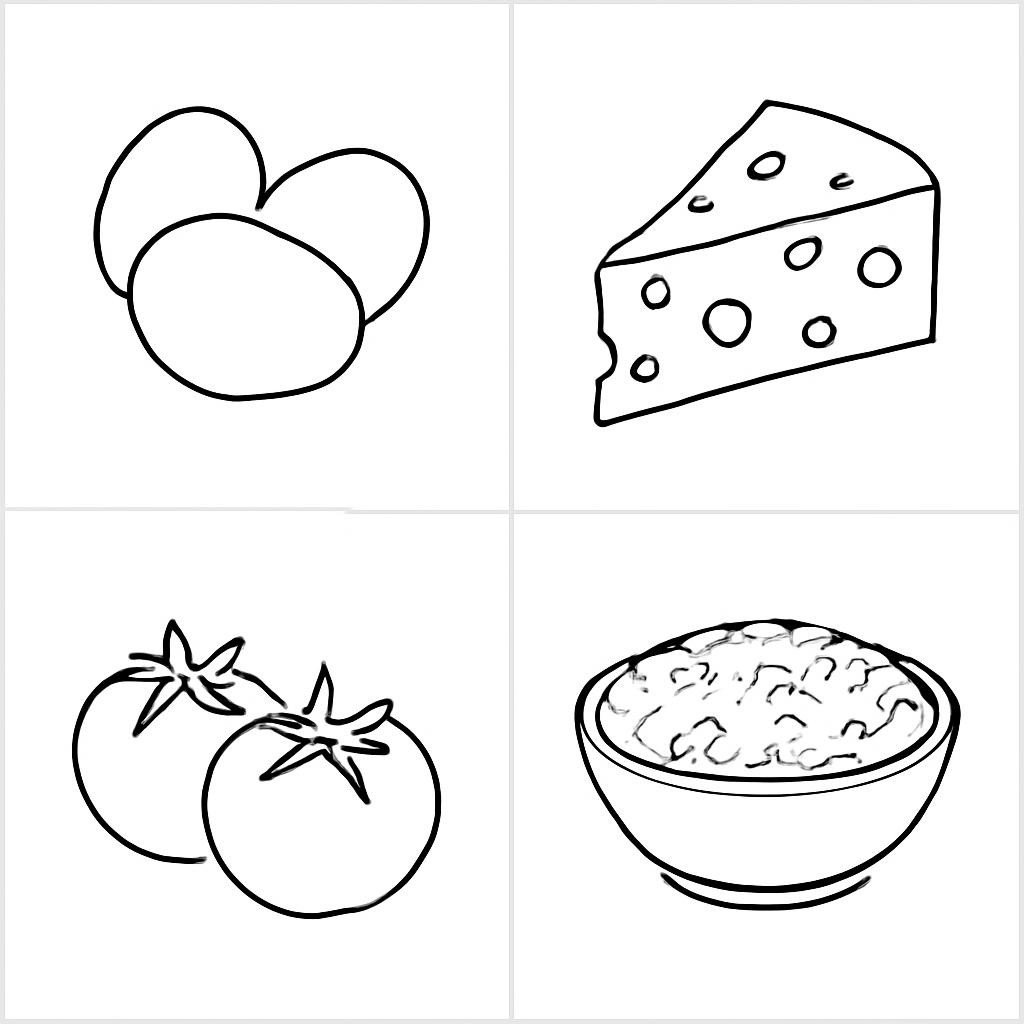 Четыре продукта: яйца, сыр, помидоры и рис.