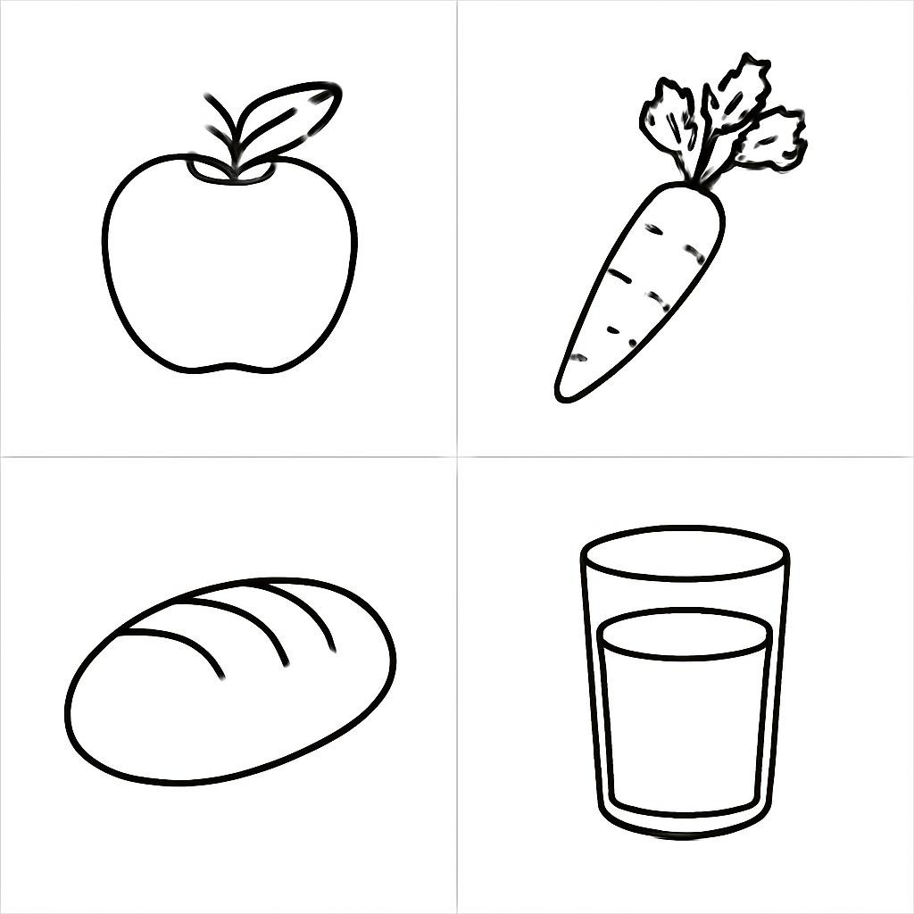 Четыре продукта: яблоко, морковь, хлеб и молоко.