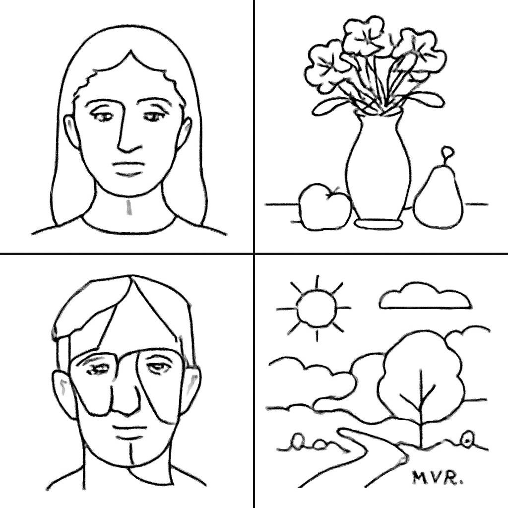 A black-and-white four-part grid with four art-related scenes.