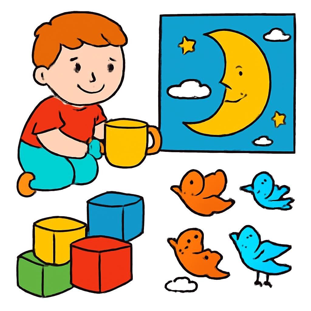 A cheerful colouring page with four distinct scenes showing singular and plural objects near and far.