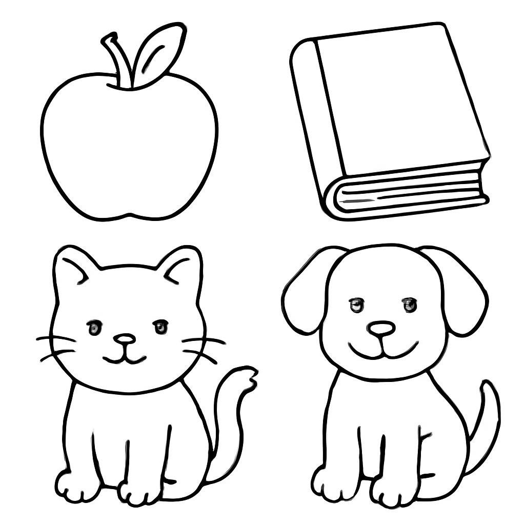 Контурные изображения яблока, книги, кота и собаки