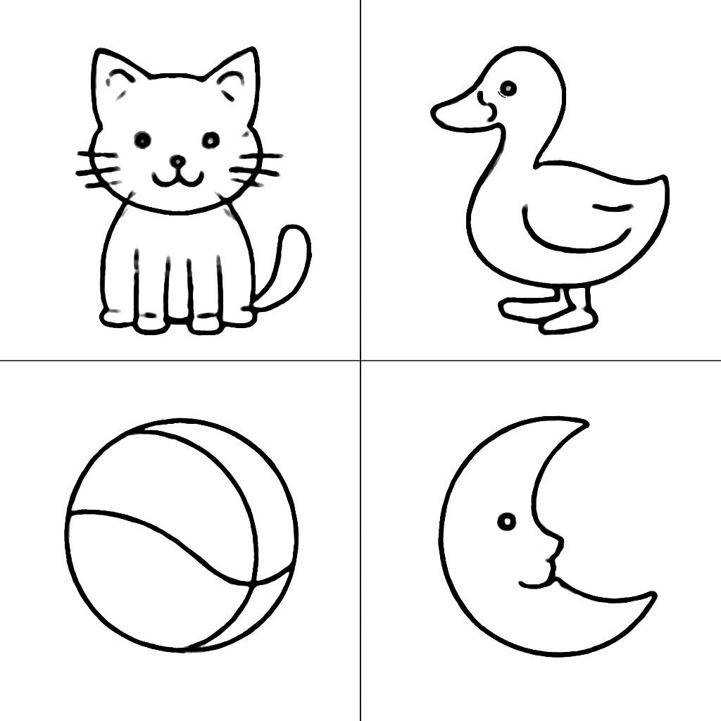 Четыре контурные картинки: кот, утка, мяч, луна