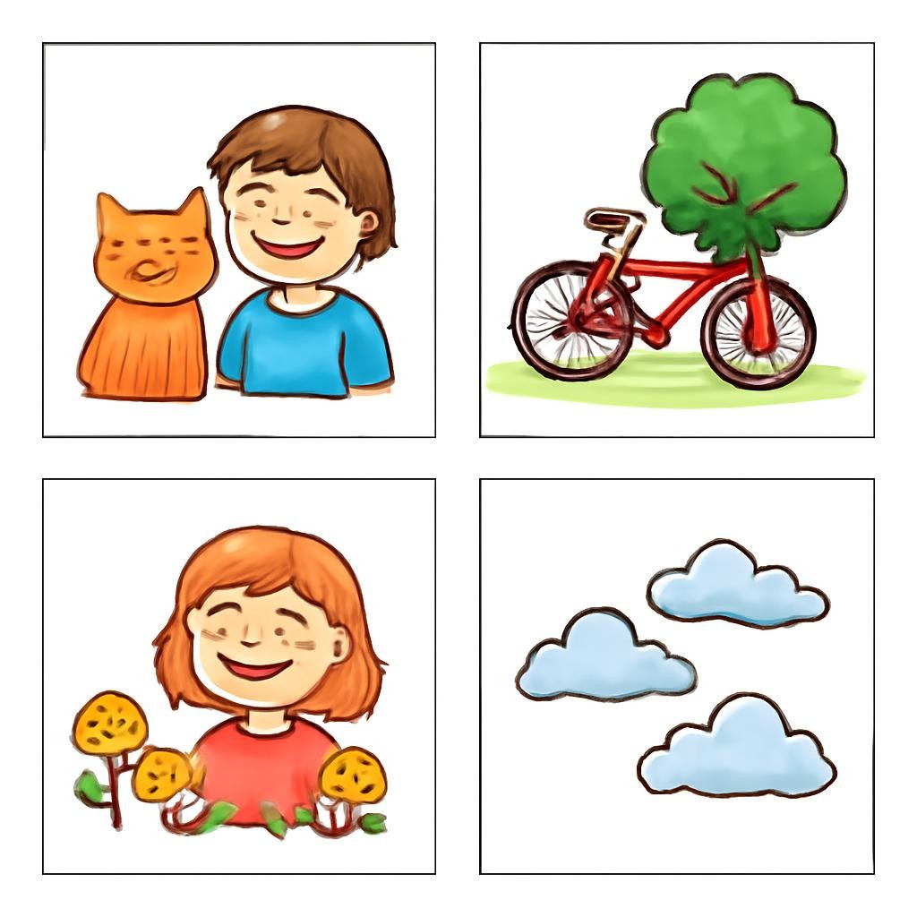 A colourful 2x2 grid with four clear scenes for this, that, these and those.