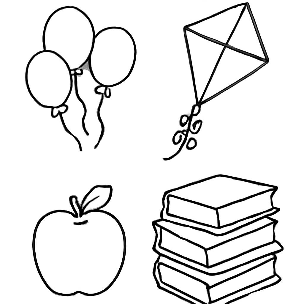 A cheerful colouring page with four groups of objects at different distances.