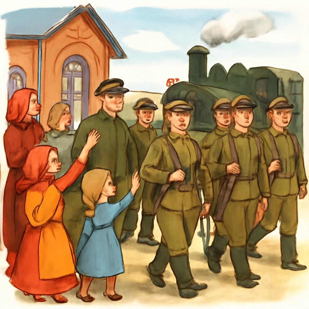 Цветная реалистичная сцена мобилизации русских солдат летом 1914 года.